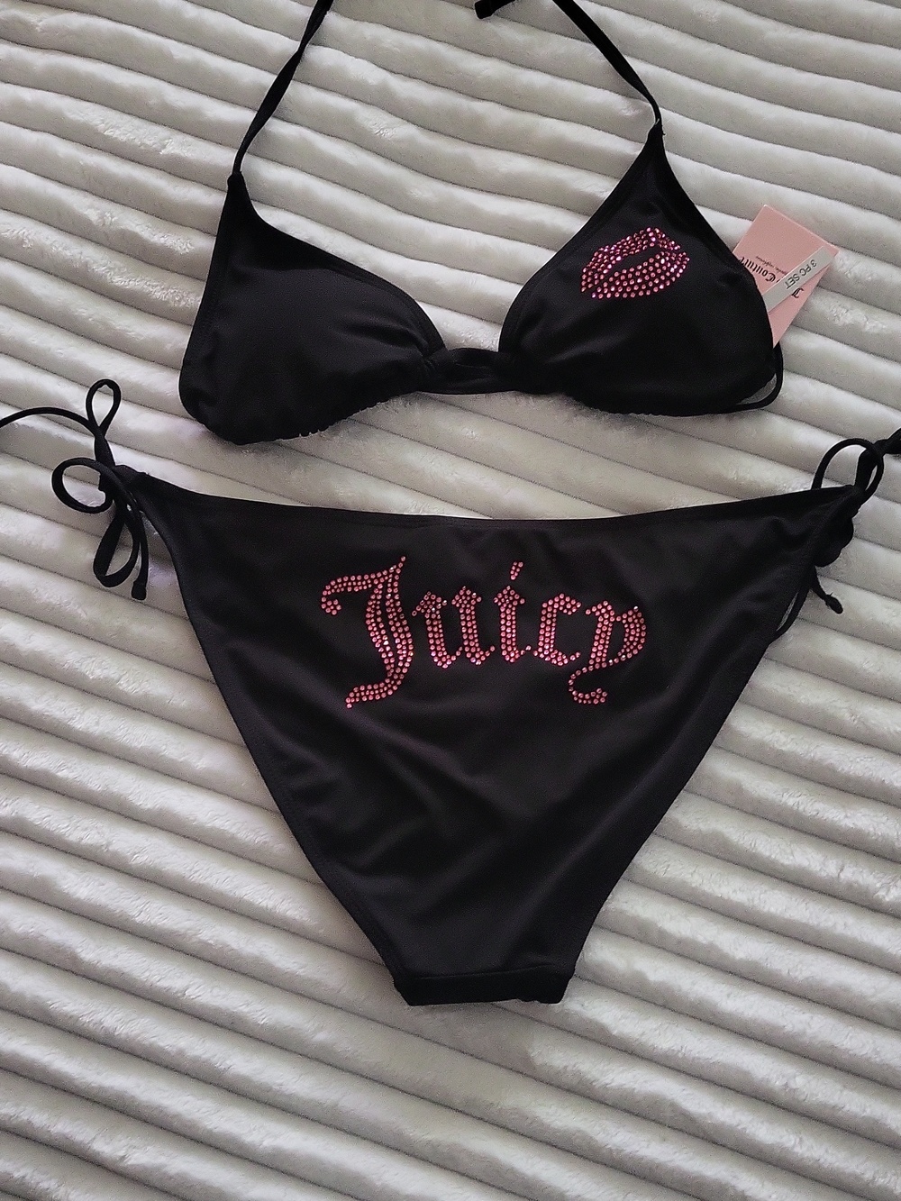 JUICY COUTURE 3 Piece Y2k Black String Bikini, Rhinestone’s, Large
